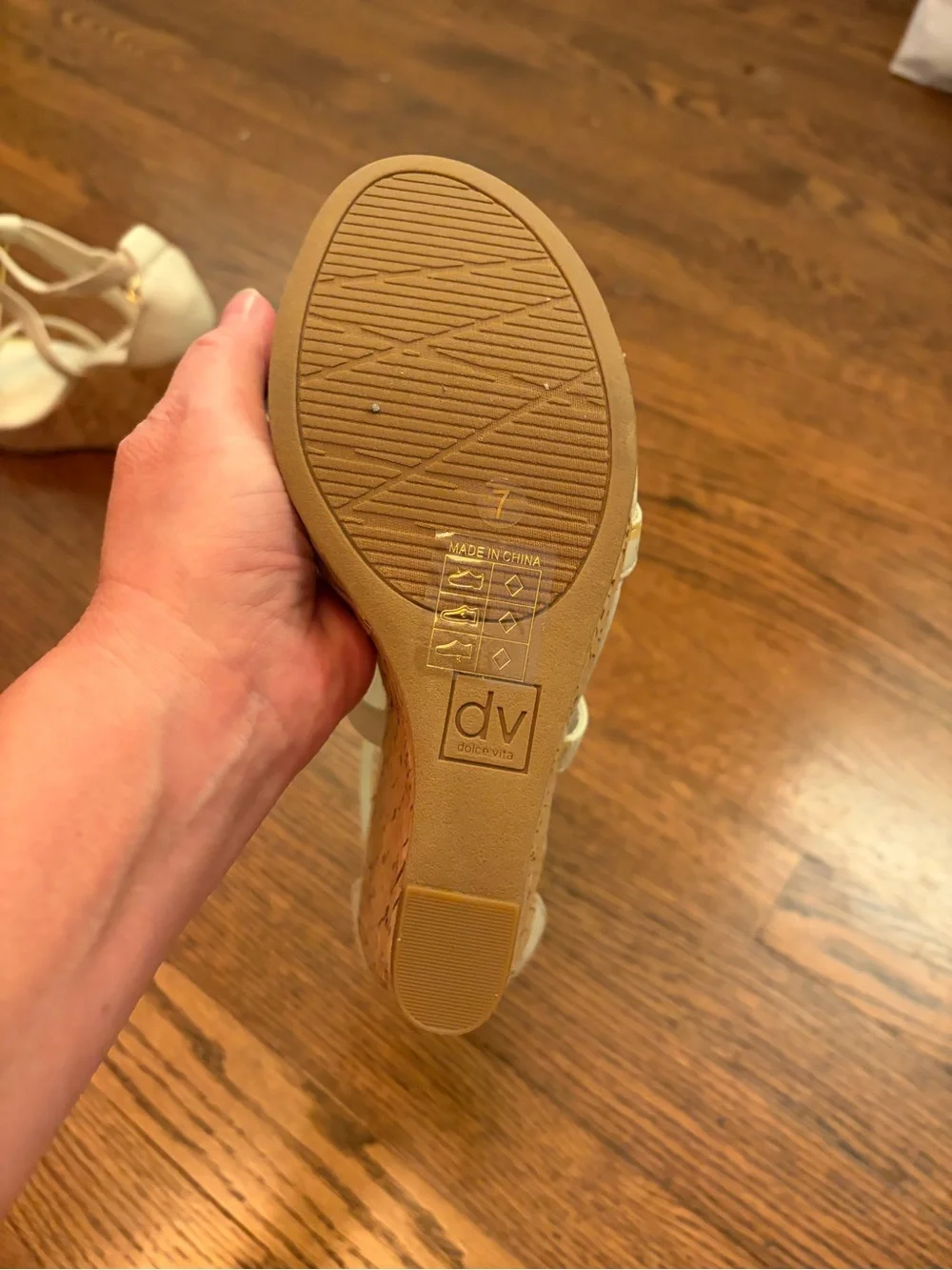 DV by Dolce Vita Nude T-Strap Cork Wedge Sandals with Gold Accents